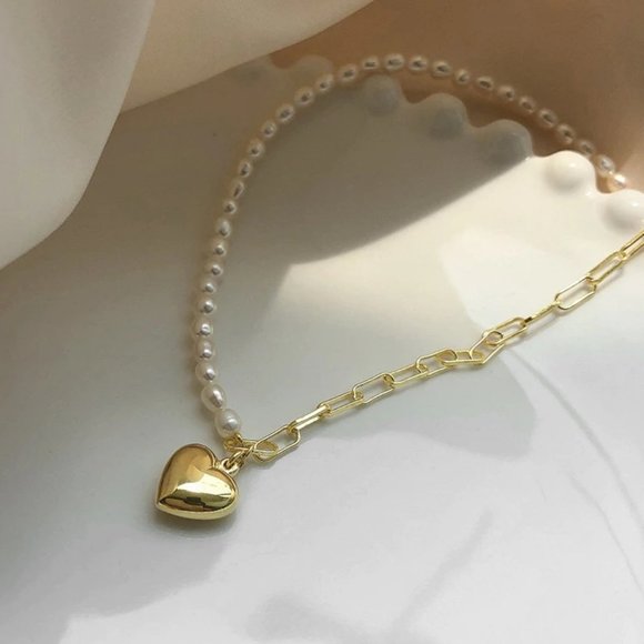 *NEW Yellow Gold Pearl Heart Link Chain Necklace - Picture 6 of 8